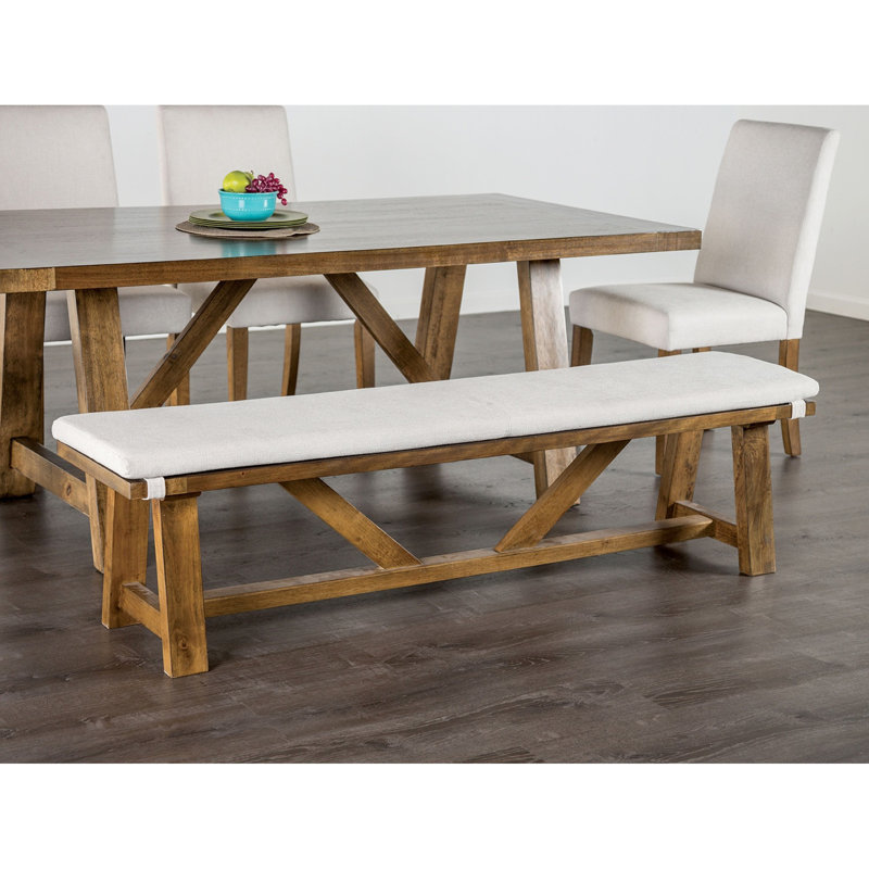 Banc rembourré rustique avec finition brune et blanche, base en tréteaux, 59,5 pouces de large pour le banc de décoration de salle à manger, coussin en tissu sur l 59,5 po, complément