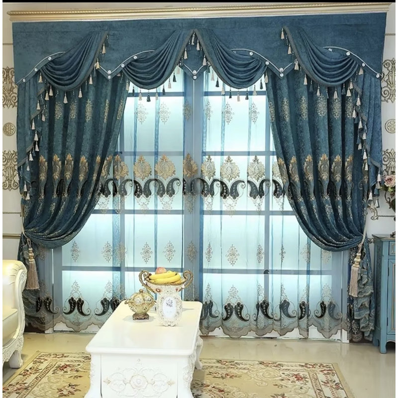 Ensemble de rideaux 3 pièces en chenille de luxe de style européen avec panneau transparent