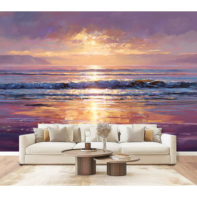 Papier peint adhésif à peler et coller Twilight Beach Scene Soft Waves Warm Sunset Hues, peintures murales H 69 po x l 96 po, papier peint amovible en PVC, autocollant pour chambre à coucher, salon, décoration côtière