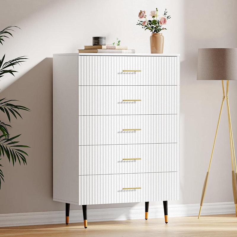 Commode blanche pour chambre à coucher avec 5 tiroirs, commode haute avec poignée pour bureau d'entrée de chambre à coucher