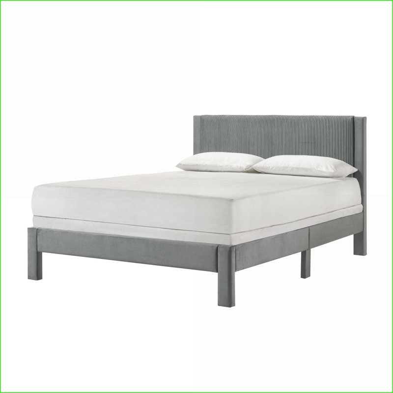 Lit plateforme tapissier pleine grandeur pleine grandeur - Tête de lit nervurée, structure à profil bas gris clair pour chambre à coucher contemporaine