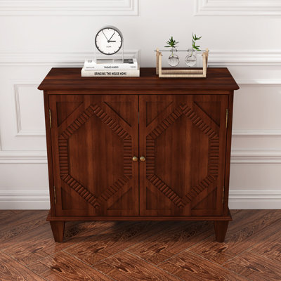 MDF Retro Wooden Sideboard Buffet Cabinet With Storage, Symmetrical Geometric Accent Display Cabinets, Media Console Credenza For Living Room/Entryway/Dining Room/Kitchen, Walnut