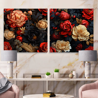 Red Victorian Opulence Floral Pattern I - Floral Acrylic Wall Art Glass Set Of 2