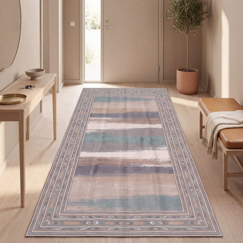 Tapis moderne à rayures effet pinceau, couleur bronze, turquoise, beige, gris, brun, blanc, lavable à la machine, antidérapant, à poils courts, pour l'intérieur et l'extérieur, adapté aux animaux domestiques, idéal pour le salon, la chambre, la salle à manger, l'entrée, le couloir ou le bureau.
