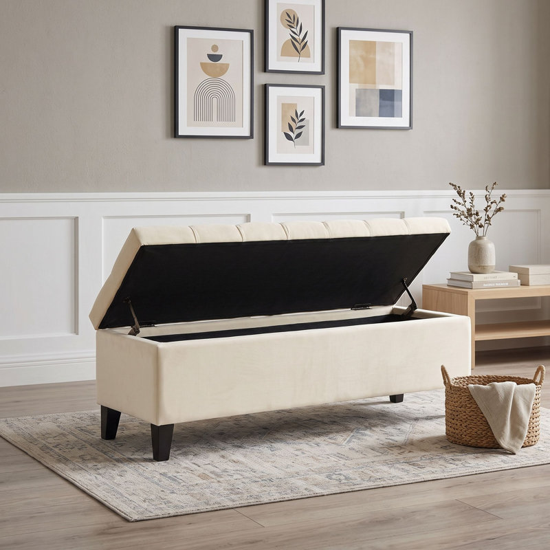 Banc de rangement capitonné avec couvercle à charnières à fermeture en douceur, idéal pour une chambre, une entrée ou un salon.