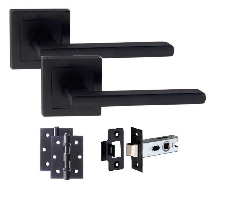  1 Set Leon Design Straight Door Handles on Square Rose in Matt Black Finish with 1 Pair of 3" Ball Bearing Hinges and Tubular Latch