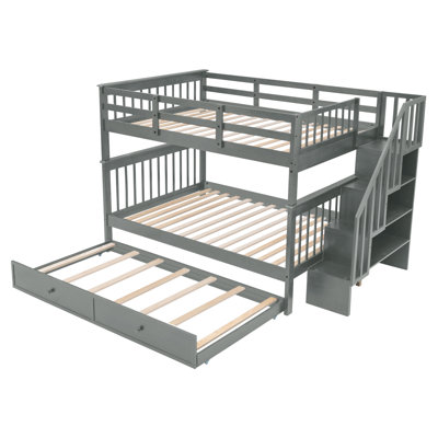 Lit superposé double au-dessus de double avec lit gigogne, rangement et barrière de sécurité pour chambre à coucher, dortoir - gris (ancien SKU: LT000210AAE)