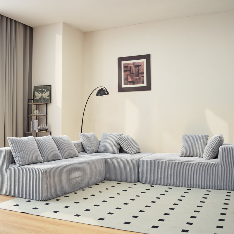 Velours côtelé gris à 4 places modulaire en U avec méridienne réversible, confortable pour un espace de vie principal, librement configurable, aucun canapé modulaire à assembler, idéal