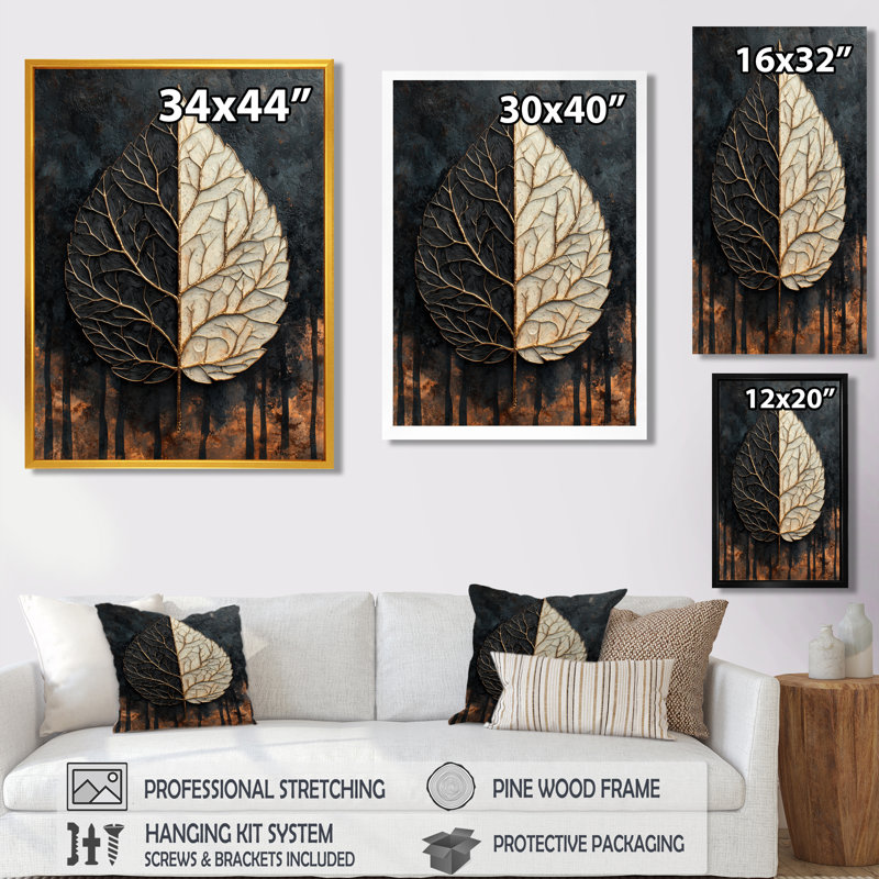 «Modern Modern Leaves Dark Symetry Of Winter II», art mural floral, H 40 po x l 30 po, Noir