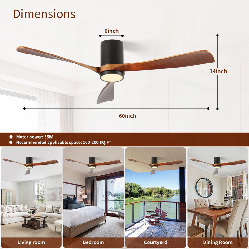 60 pouces Ventilateur de plafond à DEL encastré intérieur / extérieur noir mat avec pales en bois, télécommande CC 6 vitesses