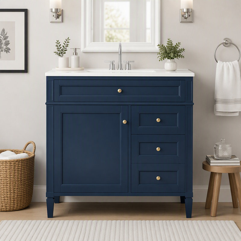 Meuble-lavabo de salle de bain de 36 pouces (91 cm) avec motif et grand espace de rangement, Bleu, Gold