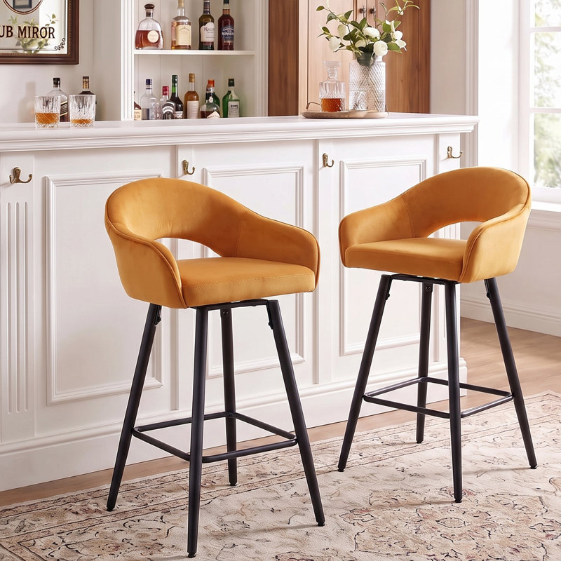360°Swivel Upholstered Bar Stools with Iron Frame, Velet-Yellow