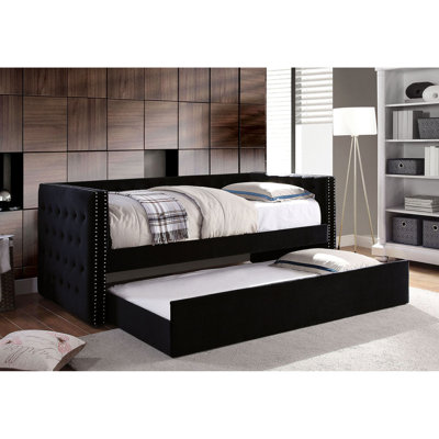 Lit de jour transitionnel en flanelle rembourrée avec couchette, style noir, bouton rembourré, garniture cloutée, ensemble de lattes avec couchette en finition, flanelle