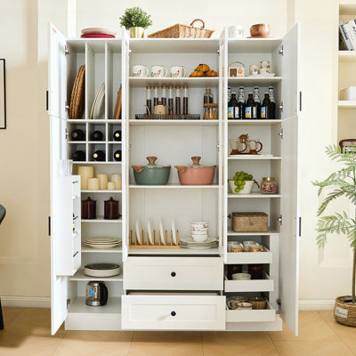 Modern Large Kitchen Pantry with 6 Doors, Adjustable Shelves, and Wine Rack for Enhanced Storage and Organization