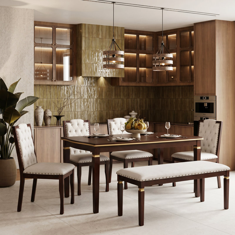 Kitchen Dining Table Set, " Rectangular Table And  High-Back Tufted Chairs &  Bench, Espresso