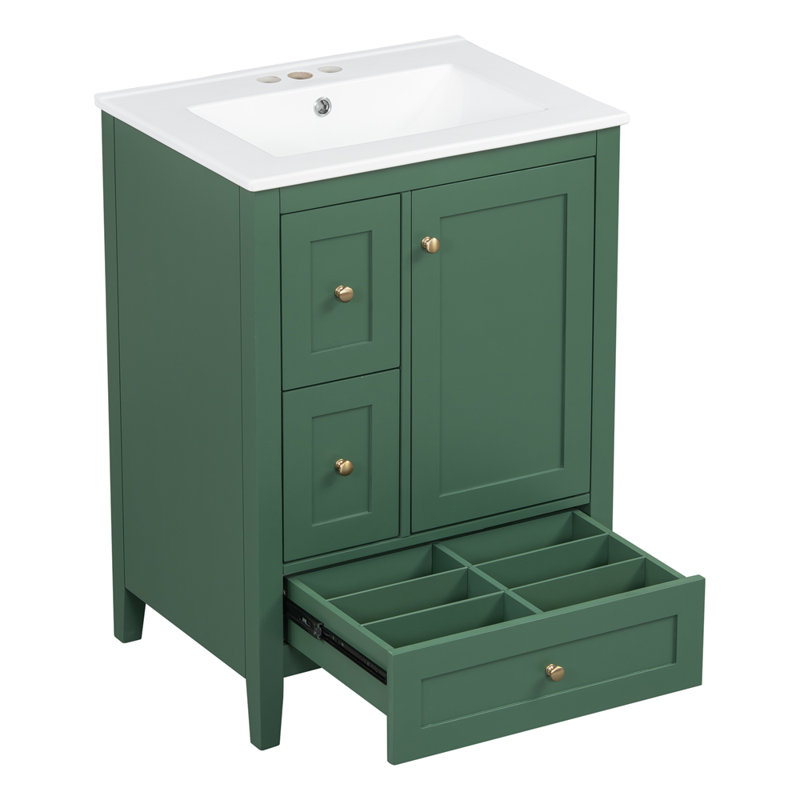 Meuble-lavabo de 24 po avec rangement, tablette réglable, Vert foncé