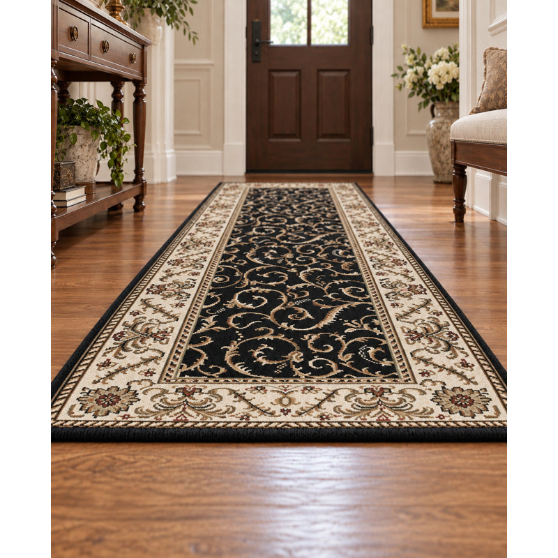 Tapis noir traditionnel Weisgerber 1599, Tapis de couloir 2 pi 2 po x 7 pi 7 po