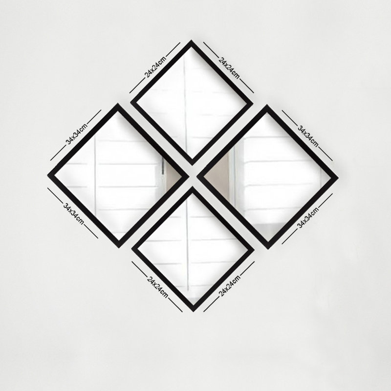 Ensemble de miroir élégant (4 pièces), argent et noir, 9,4 x 9,4 pouces (2 pièces) et 13,4 x 13,4 pouces (2 pièces) | 100% verre avec cadre en plastique stratifié, 0,16 pouce d'épaisseur | Parfait pour la décoration intérieure et les intérieurs modernes
