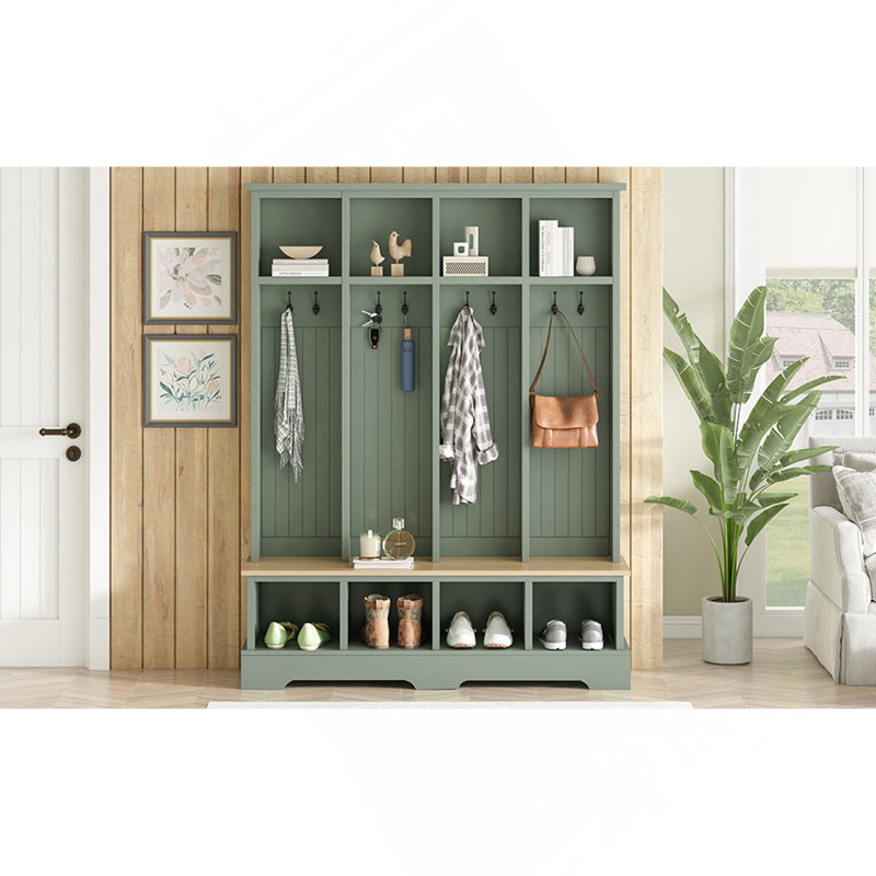 Portemanteau avec 8 crochets, banc d'entrée pratique avec compartiments ouverts, porte-manteau et porte-chaussures moderne en bois 3-en-1 de H 76,7 po de hauteur, salon, vert menthe
