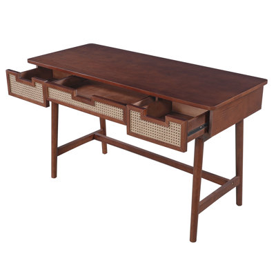 51'' Rattan Wooden Writing Desk with 3 Rattan Drawers, Rubber Wood & MDF Veneer Multi Functional Workstation Vanity Console Table with Anti-Tipping Design for Living Room, Bedroom and Study, Brown