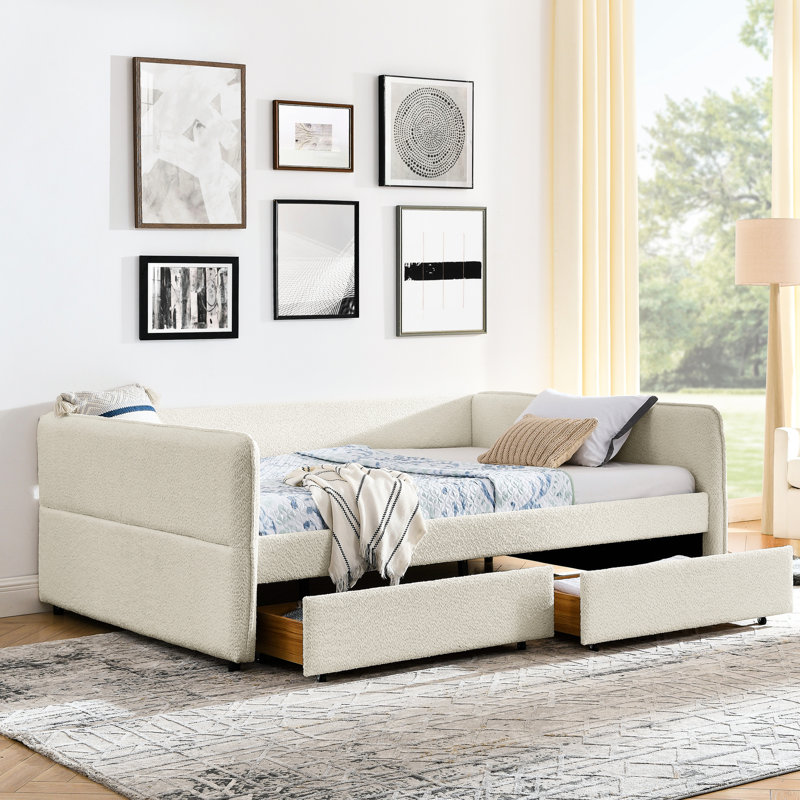 Daybed With Trundle, Drawer Storage Option, Queen Size, Upholstered, Beige Boucle, Stylish Stripe, Comfortable Seating Experience, Easy Installation Manual Solution, Vertical Padding, Steps