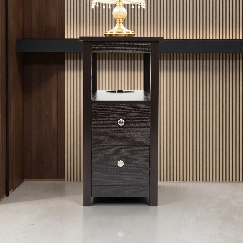 Table de chevet rustique étroite avec station de charge USB, 2 tiroirs et tablette ouverte