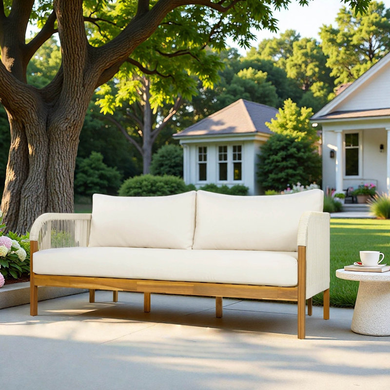 Canapé de patio 68,1 po en bois d'acacia avec coussins, Beige