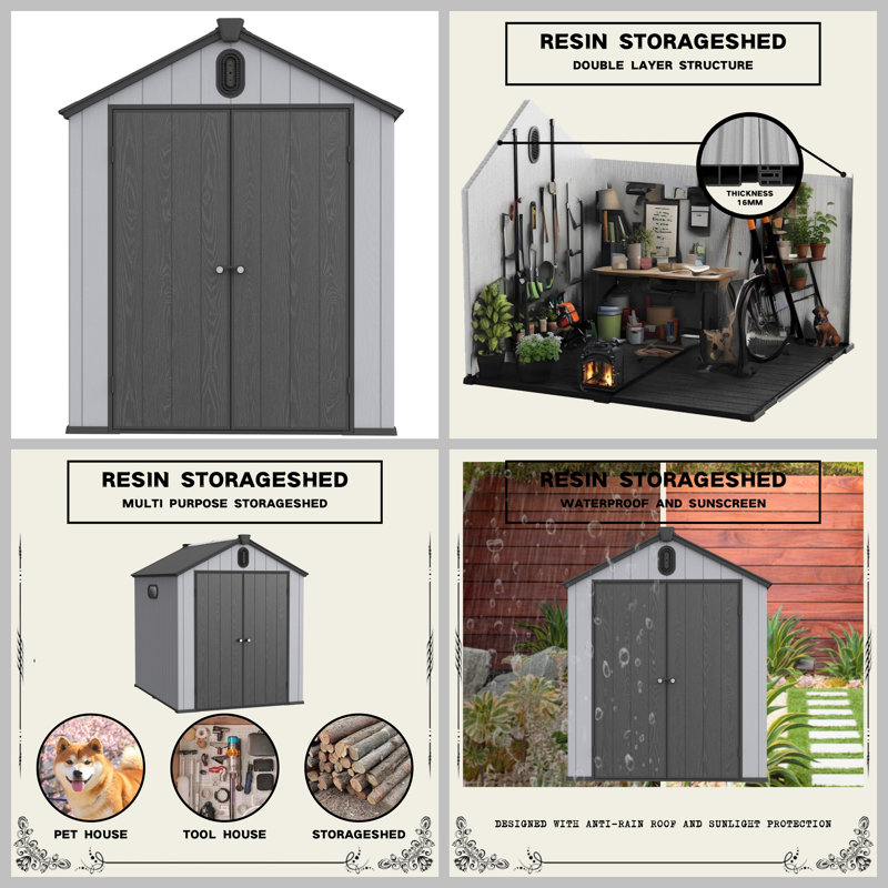 XWT012-1 6*8Ft Resin Plastic Storage Shed For Backyard Garden Big Spire Tool Storage