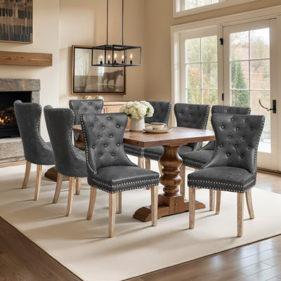 Tufted Leather Upholstered Wing Back Parsons Chair (Set Of 8)