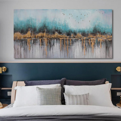Toile abstraite sarcelle, art mural pour salon, peinture de chambre à coucher, turquoise, panoramique, photo encadrée, art mural pour hommes, salle de bain, bureau à domicile, grande décoration murale