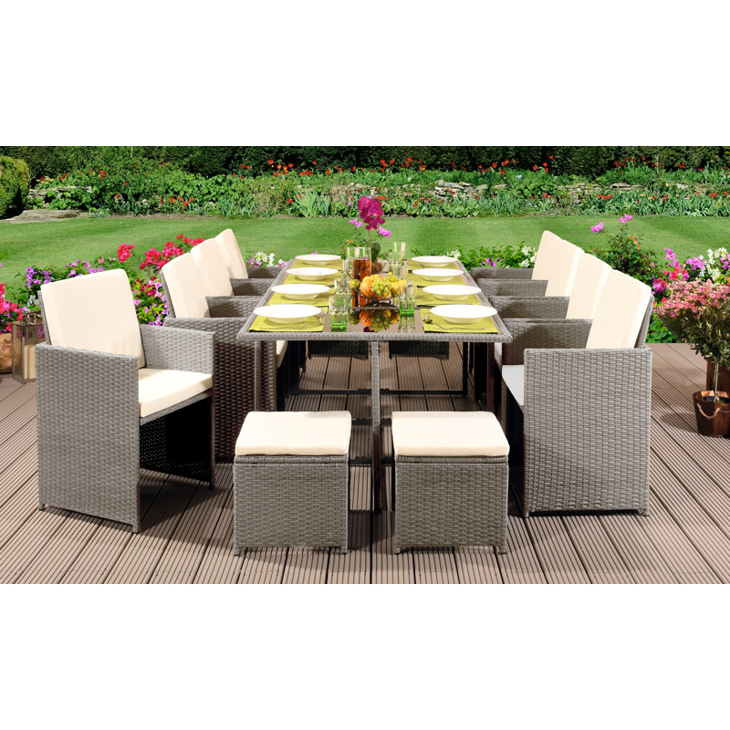 Shyann 12 - Person Patio Dining Set with Rectangular Table , Cushions Included, Light Grey