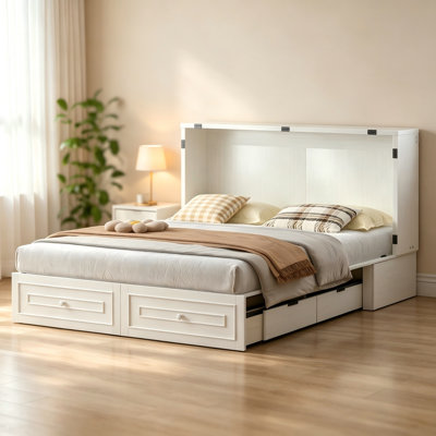 Queen Murphy Bed Cabinet With USB Charging Station & Privacy Drawer, Space-Saving Foldable Cabinet Bed For Guest Room