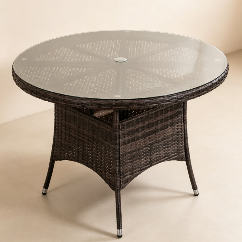Outdoor Patio Dining Table - Round Rattan Table With Tempered Glass Top, Umbrella Hole & Hidden Assembly