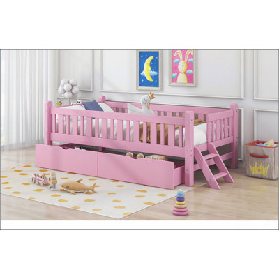 Practical Wood Platform Bed With Guardrail And Two Drawers, Offering Safe Play And Ample Storage For Kids' Rooms