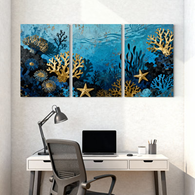 Ocean Coral Reef With Golden Starfish Set of 3 Canvas Wall Art Prints