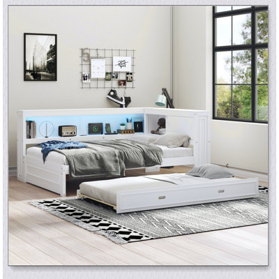 Full Size Wood Daybed With Storage Shelves, USB, LED, And Trundle, White