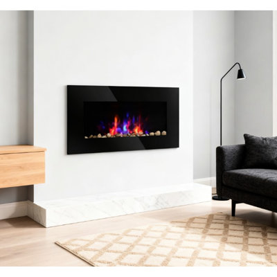 Electric Wall Fireplace With 7 Adjustable Flame Colors, Two Heating Options 725W/1450W, - Mounted Design, 161 400 Sq. Ft Coverage, Remote Operation Color Fireplace, Adjusted Heat Black Glass, Covers