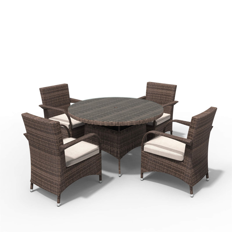 Abrihome 5-piece Outdoor Dining Set With Round Table In Pe Wicker And Cushions, Brown