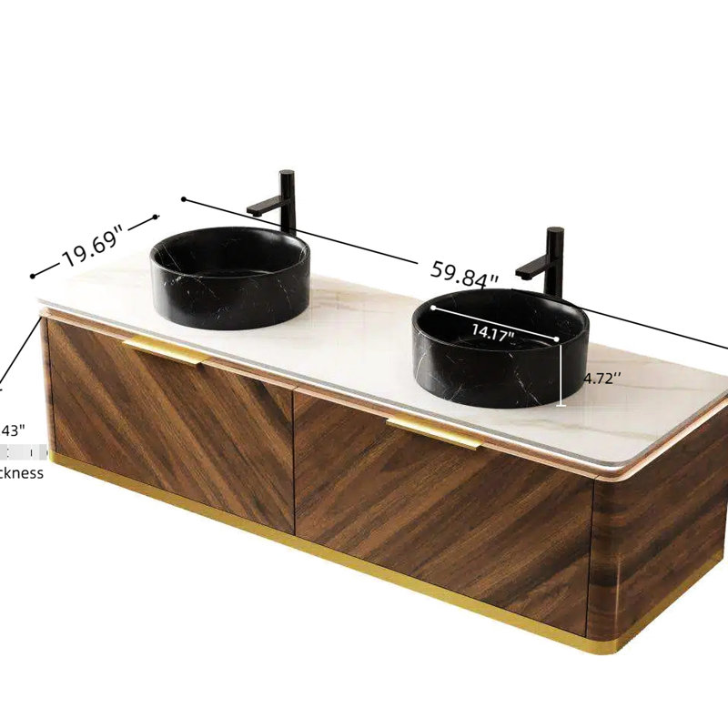 60" Floating Bathroom Vanity With High - Quality Black Round Ceramic Sinks, Sintered Stone Countertop, 2 Drawers Sensor , Dark Walnut Plywood Storage, Pre Assembled, Soft Close Drawer Slides, Night