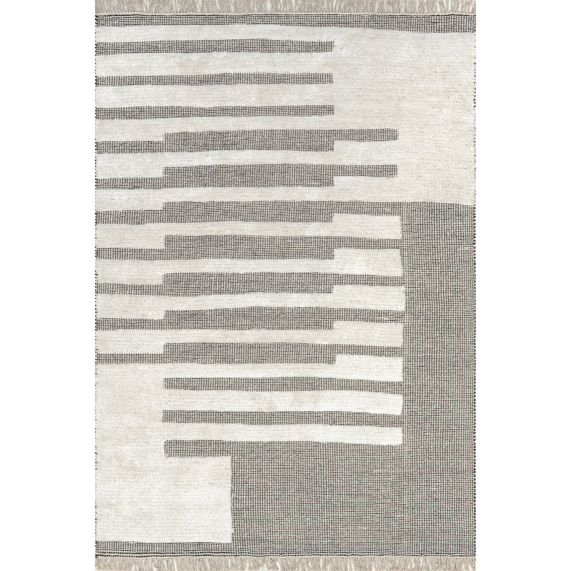 Ivory and Gray Handmade Wool Cotton Rectangular Area Rug, 9' x 12'