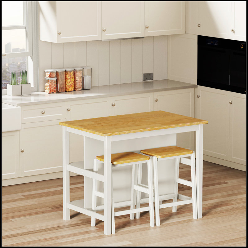 3 PCS Dining Table Set Rustic Retro Breakfast Table Dining Stools Rubber Wood for 2