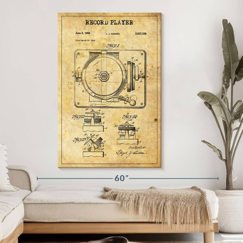 Disque tourne-disque brevet sur toile, H 51 po x l 34 po x P 1,25 po