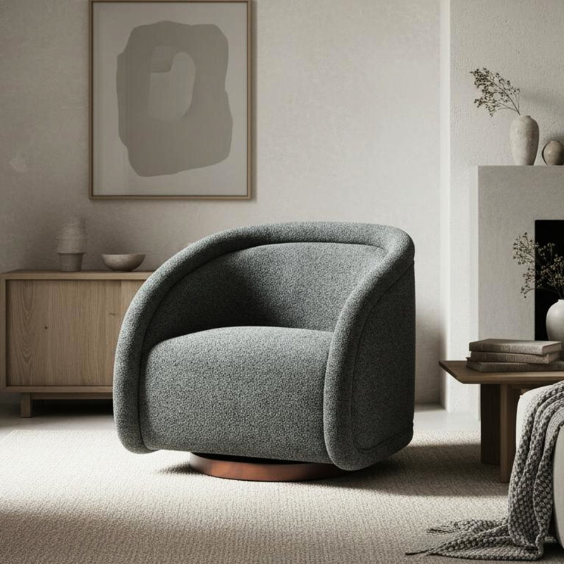 Fauteuil pivotant Boucl avec base en noyer, structure interne en bois massif, couleur beige, rotation à 360°, dossier confortable pour la lecture.