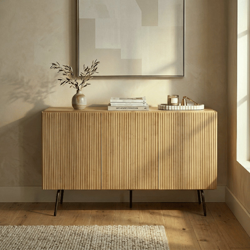 Sideboard Drawers Buffet Cabinet with Groove Design and Metal Legs, Storage Cabinet for Living Room, Dining Room, and Entryway, Effortless Assembly