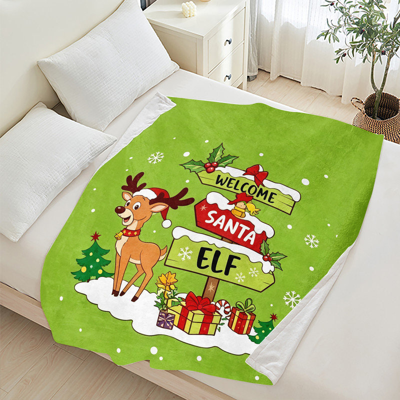 Plaid de Noël en flanelle polaire JYK, léger, respirant, doux et chaud en microfibre pelucheuse, 127 x 152 cm, Bienvenue au Père Noël et à son lutin