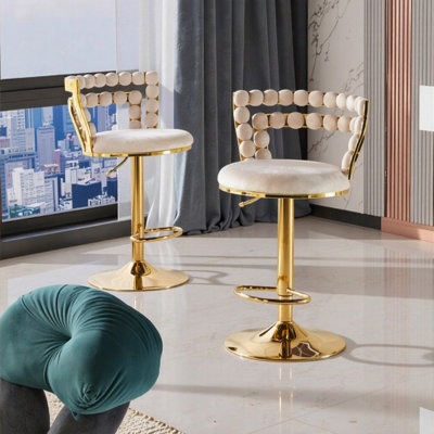 Tabourets de bar modernes en métal doré avec coussins blancs moelleux (ensemble de 2) pour la salle à manger, le café et les espaces chics