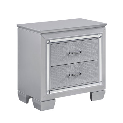 Silver Bedroom Nightstand With 2 Drawers And Faux Alligator Uncommonness Glamorous Appearance