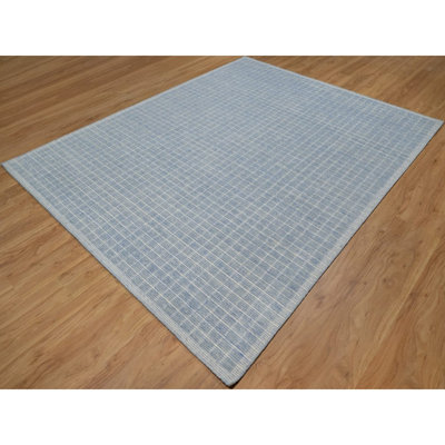 8'1"x10' Faded Denim Blue, Modern Plain Decor Box Design, Soft to Touch, Pure Wool, Loomed Knotted, Oriental Rug