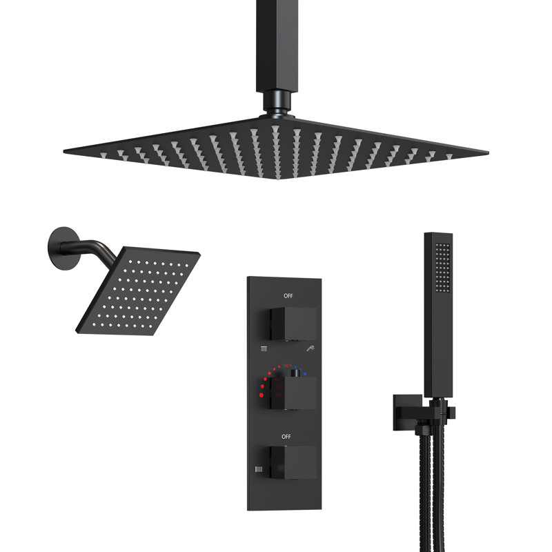 Système de douche thermostatique à double effet pluie de 30 cm (12 po) à montage au plafond, avec douchette murale de 15 cm (6 po) et douchette à main.