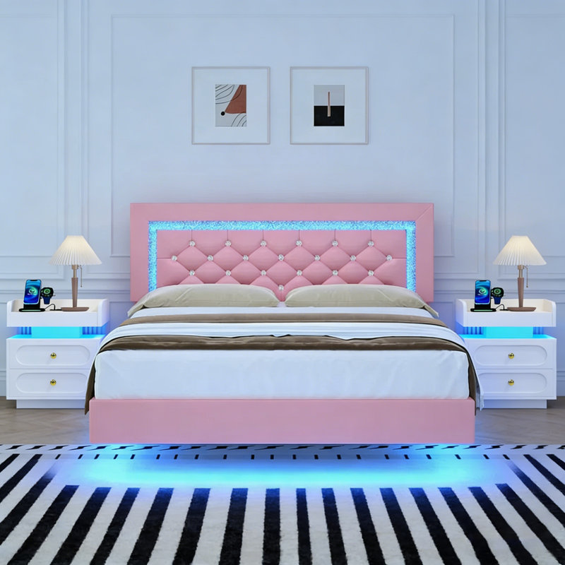 Ensemble de chambre à coucher 3 pièces Smart RVB, Grand lit, Rose/Blanc
